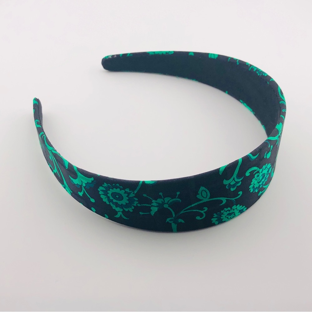 Silk Headband, New, Handmade - Green flower pattern